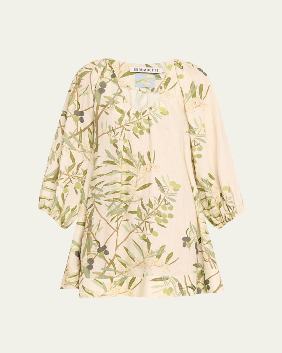 Flowy Puff-Sleeve Printed Linen Mini Dress